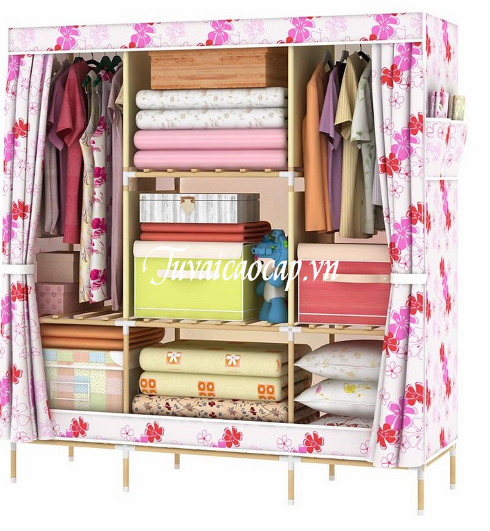 Tủ vải khung gỗ cao cấp đựng quần áo họa tiết hoa lá